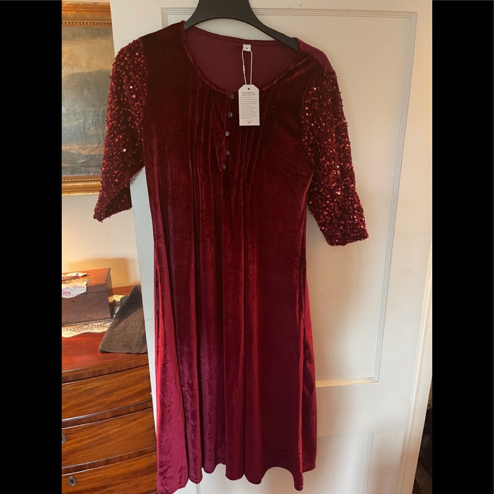 NWT Burgandy Dress with sequins on sleeves~M
